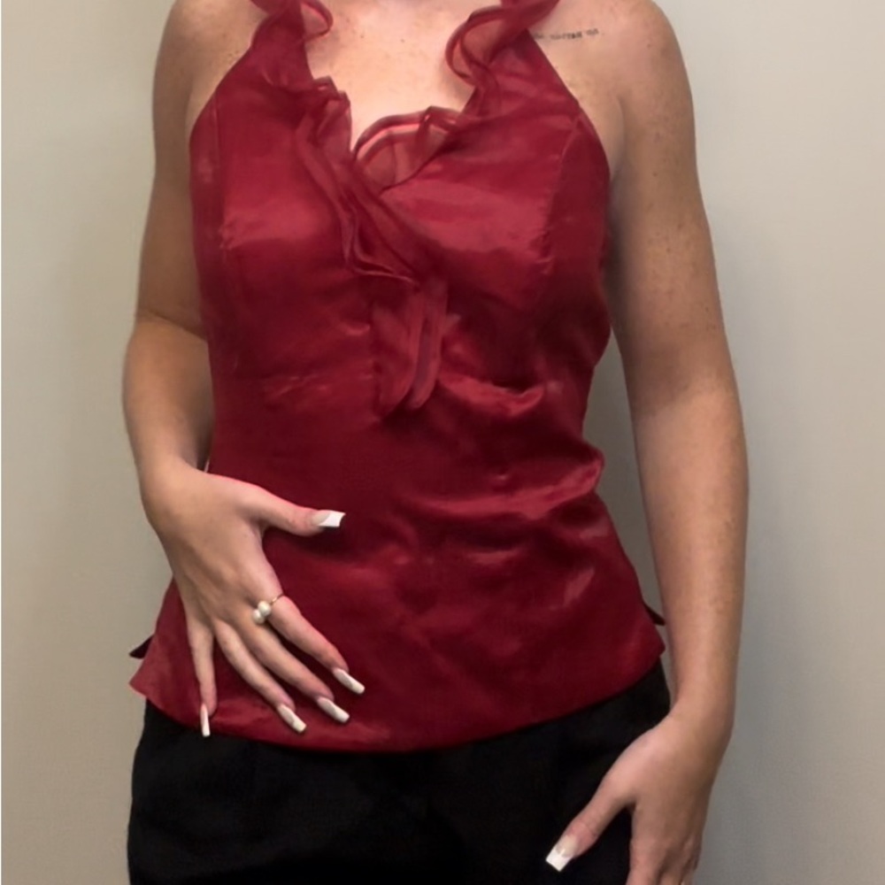White House Black Market Red Ruffled Tie Front Camisole